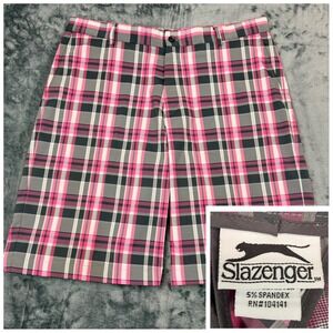 Slazenger Golf Shorts Men 36 Gray Pink Plaid Performance Stretch Flat Front Golf